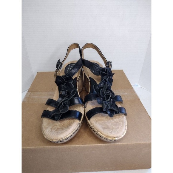 BOC Born Concept Black Leather Floral Wedge Sandals Women Size 7 - Picture 3 of 11